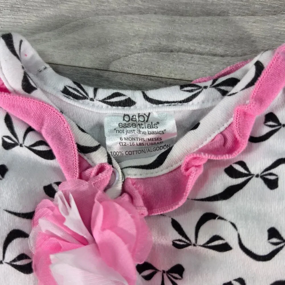 Baby Essentials Bow Footie Sleeper Hat Set Pink White Ruffle Flower 6M EUC